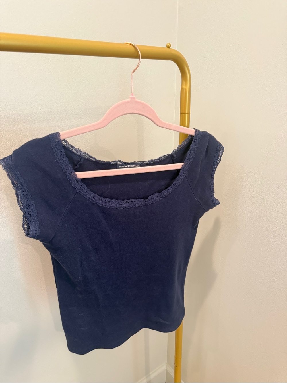 Brandy Women's Navy Lace-Trim Scoop Neck Top